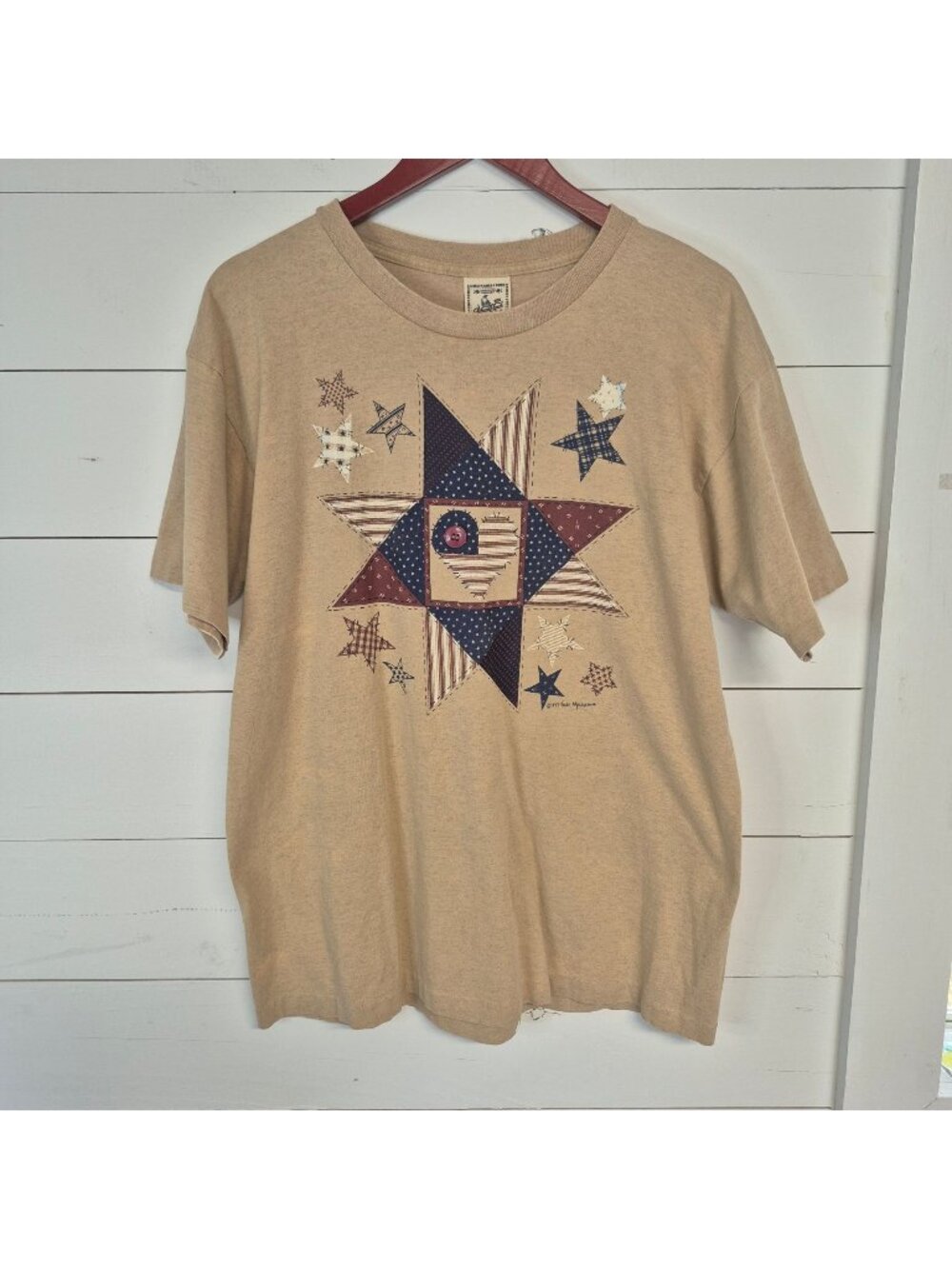 Vintage Vicki Melhart Quilt Patch Work Tee Tan T-Shirt Single Stitch Sz L